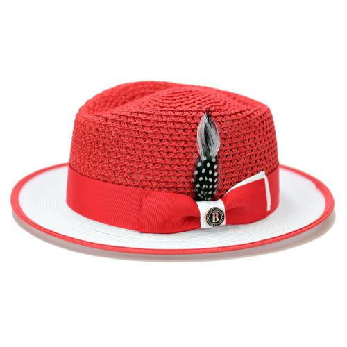 Bruno Capelo Red / White Diamond Crown Braided Fedora Straw Hat HA-724